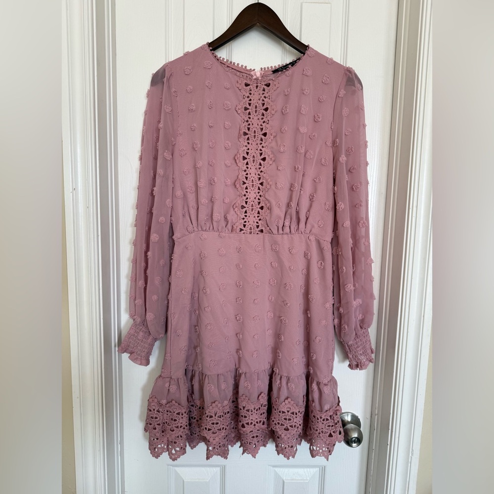 Simplee Pink Swiss Dot Guipure Lace Trim Ruffle Hem Chiffon Mini Dress